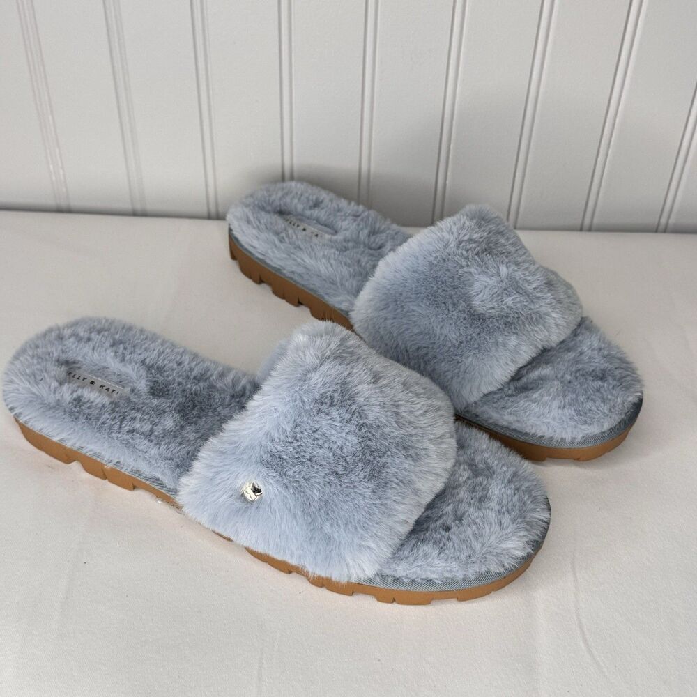 Kelly & Katie Sz 9-10 L Plush Furry Slide Sandals Blue Women’s Faux Fur Blue